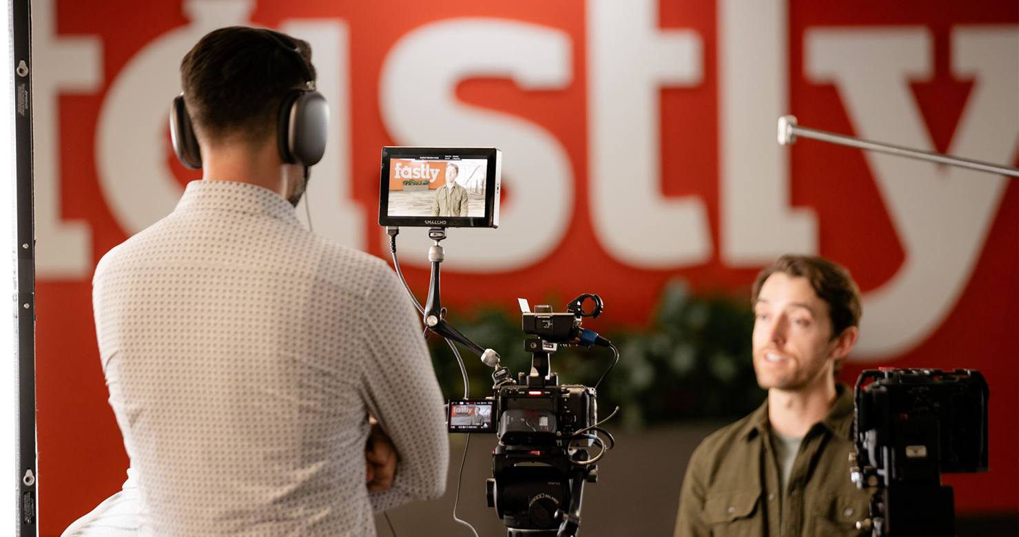 Interview film setup of a man at a tech company